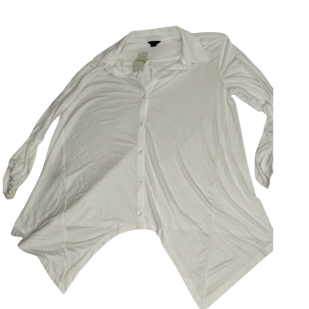 Ann Taylor Button Down Shirt Tunic Asymmetric Hem Long‎ Sleeve White M